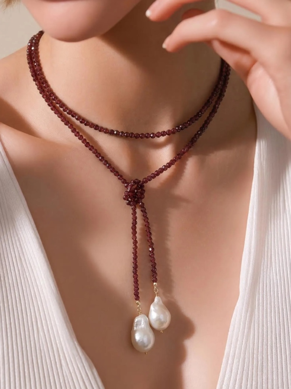 Red Garnet Color Beaded Necklace with  Pearl Drops